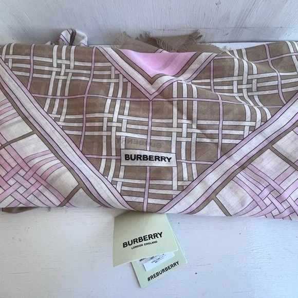 Burberry Check Wool & Silk Gauze Scarf- Archive Beige and Cherry - Picture 7 of 8